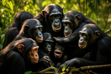Bonobos our closest primate relatives in their habitat - obrazy, fototapety, plakaty