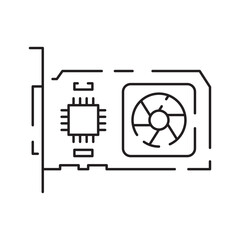 Computer hardware line icon. Graphic card or processor and RAM. GPU or CPU and cooler. Case with motherboard. Vector SSD cable with fan. Computer details