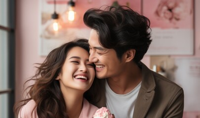 Naklejka premium A young happy couple communicates in the warm atmosphere of a cafe. Concept: dating and relationships of lovers