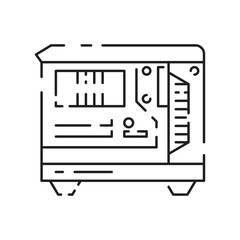 Computer hardware line icon. Graphic card or processor and RAM. GPU or CPU and cooler. Case with motherboard. Vector SSD cable with fan. Computer details