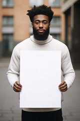 African man holding blank white paper standing in urban city street, mockup design for social issue and protest, Generative Ai - obrazy, fototapety, plakaty