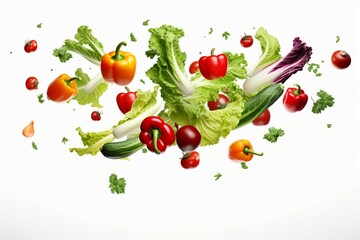 different vegetables flying isolated on white