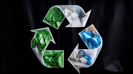 A close up of a recycling symbol made of crumpled paper suitable for environmental awareness campaigns, eco-friendly product packaging, waste management promotions, and sustainable design projects.