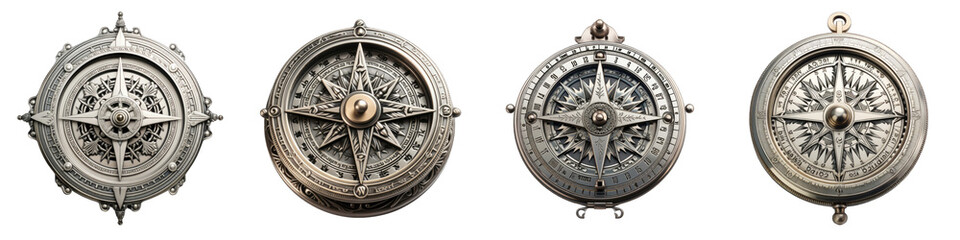 Silver Antique Compass Hyperrealistic Highly Detailed Isolated On Transparent Background Png File - obrazy, fototapety, plakaty
