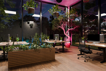 large modern contemporary office with pc workspaces and indoor plants vertical garden; panoramic view rural landscape; sustainability work environment; 3D rendering