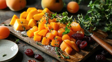dessert-centric char-fruit-erie board featuring dried apricots and mangos