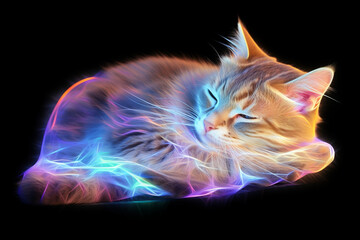 Cat sleeping on holografic rainbow lights, digital kitten - Powered by Adobe