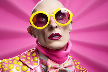 Older eccentric bald man in vibrant costume, wearing makeup, trendy yellow sunglasses , fun suit and bow tie, on pink background. Concept of strange weird  clown show, irrational and weird behavior.  - obrazy, fototapety, plakaty