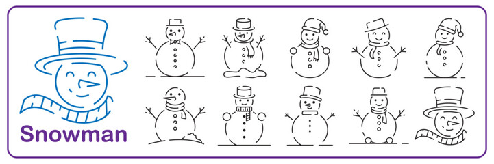 Snowman character Christmas line icon set. Winter season celebration outline sign, New Year holiday or Christmas festive thin line vector symbol or pictogram with snowman holiday fairy personage
