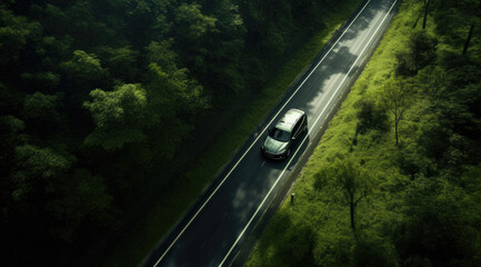 a green car driving on a road through the woods