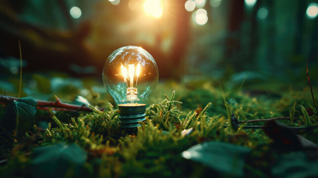 A close up of a light bulb on a mossy ground. This asset is suitable for environmental, sustainability, and innovation concepts in design projects, presentations, and marketing materials.