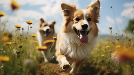 Cute corgi dogs running on the meadow created with Generative AI technology