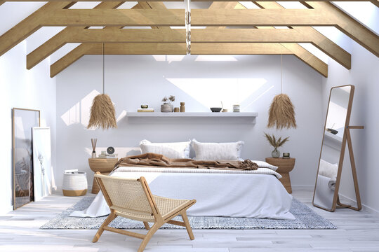 visualization of a modern bedroom interior in natural tones