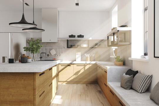 visualization of the interior of a modern kitchen with sun rays