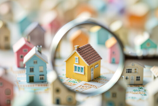 Real estate concept of house search for rent or to buy, residential rental neighborhood miniature home, magnifying glass on buildings, housing market