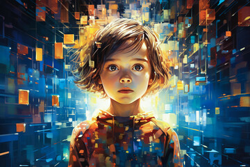 Portrait of a child against a background of many small digital screens. The problem of overabundance of information in children, stress and bad mood - obrazy, fototapety, plakaty
