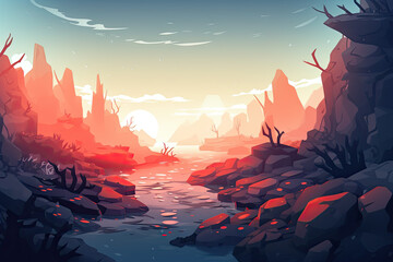 Underwater landscape with coral reef and fish. Vector cartoon illustration