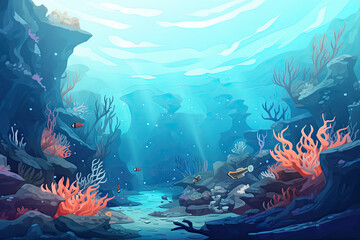 Fototapeta na wymiar Underwater landscape with coral reef and fish. Vector cartoon illustration