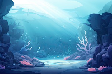 Underwater landscape with coral reef and fish. Vector cartoon illustration