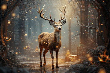 Fawn in the winter forest with lanterns and snowflakes