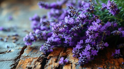 Obraz premium Top view of a vintage table adorned with delicately placed sprigs of lavender, showcasing the rustic charm of scratched paint and timeless elegance