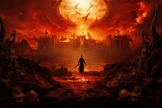 Fantasy scene with monster and castle. 3D illustration. Fantasy background