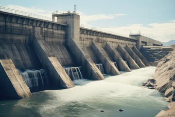 Hydroelectric power station. Water flowing from the dam into the river
