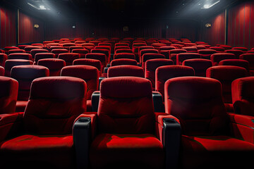 Cinema auditorium with red seats and spotlights. 3D rendering