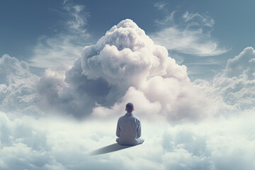 Relaxed businessman sitting on cloud and looking at cloudy skyscape