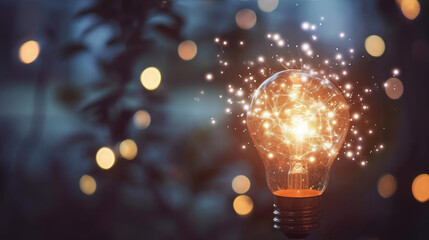  a light bulb with glowing light on blurred background. Suitable for creativity, innovation, ideas, and inspiration concepts in design, marketing, education, and technology visuals. - obrazy, fototapety, plakaty