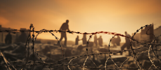 Barbed wire against the backdrop of refugees