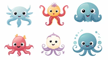 Papier Peint photo Vie marine A charming assortment of cartoon sea creatures that live in the ocean, including octopus crabs, fish, squids, and starfish.