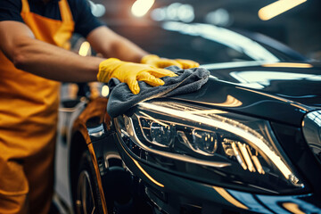 A man cleaning a car with a microfiber cloth, car detailing concept.