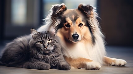 A brown dog with long hair is being showered with affection by an affectionate grey fluffy domestic cat with long hair.