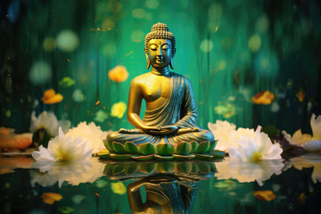 glowing Jade Buddha statue with colorful flowers, halo chakra light