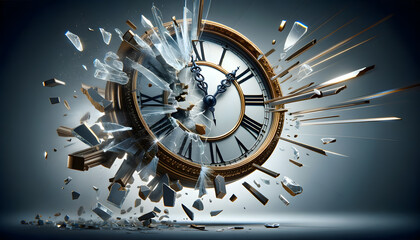 large clock breaking through glass. time management failure concept