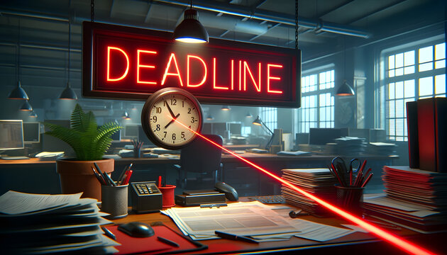 Red laser line, and displayed word "DEADLINE" on clock at the office