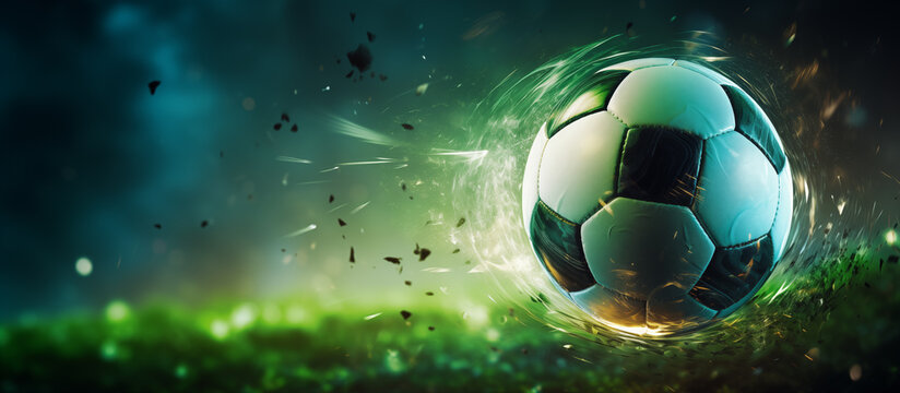 Soccer ball in energy field on green background