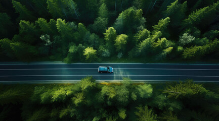 a green car driving on a road through the woods