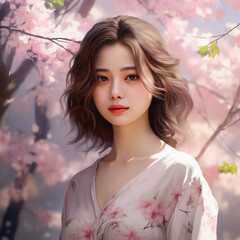 Fototapeta premium 春霞む桜と優美な女性〜春の桜を背景にした女性のデジタルペイントイラスト