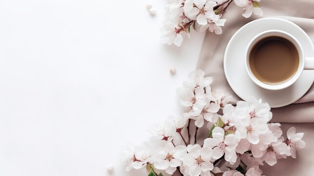 A pleasant arrangement featuring flowers and coffee against a white background with a view from the top.