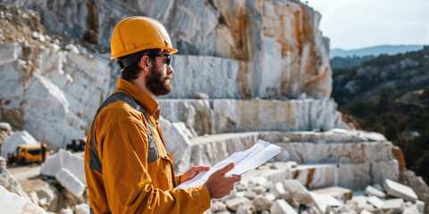 Engineer who inspects and checks the process of the marble quarry and checks the work of the marble quarry. - obrazy, fototapety, plakaty