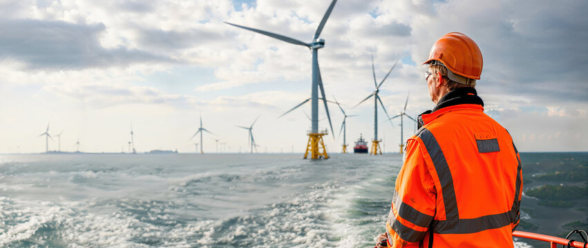 A worker in reflective gear looks at wind turbines at sea, symbolizing the use of renewable energy and sustainable practices.