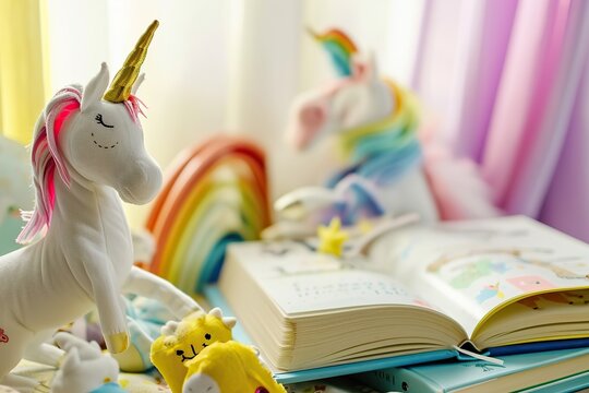 Plush unicorn toy with storybook in a whimsical setting