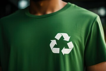 Green tshirt with white recycle sign, recycled cotton tshirt Carbon emission green revolution climate change Environment sustainable development goals - obrazy, fototapety, plakaty