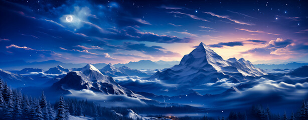 the snowy landscape with clouds and stars above
