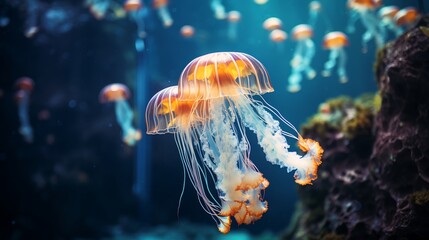 Fototapeta na wymiar Jellyfish are present in a tank of water.