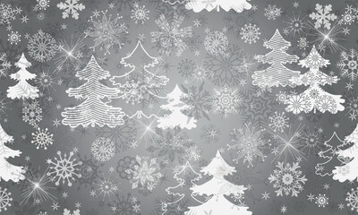 Obraz premium Vector hand drawn seamless winter pattern with snowflakes and trees and stars on silvery background