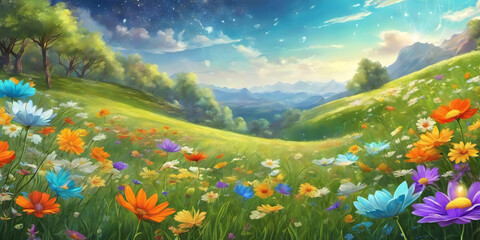 Obraz na płótnie Canvas Spring landscape, blossoming field with green grass, colored flowers, blue sky with sun and clouds, trees and mountains on the horizon. Nature illustration. Generative AI