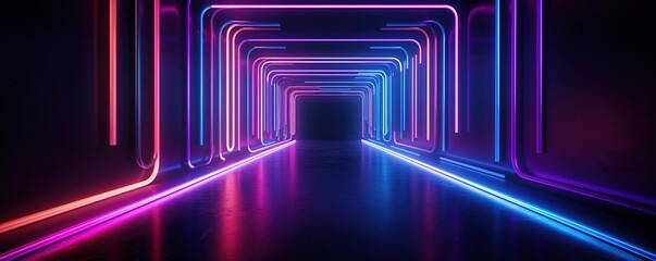 A hallway decorated with glowing neon colored lines. generative AI